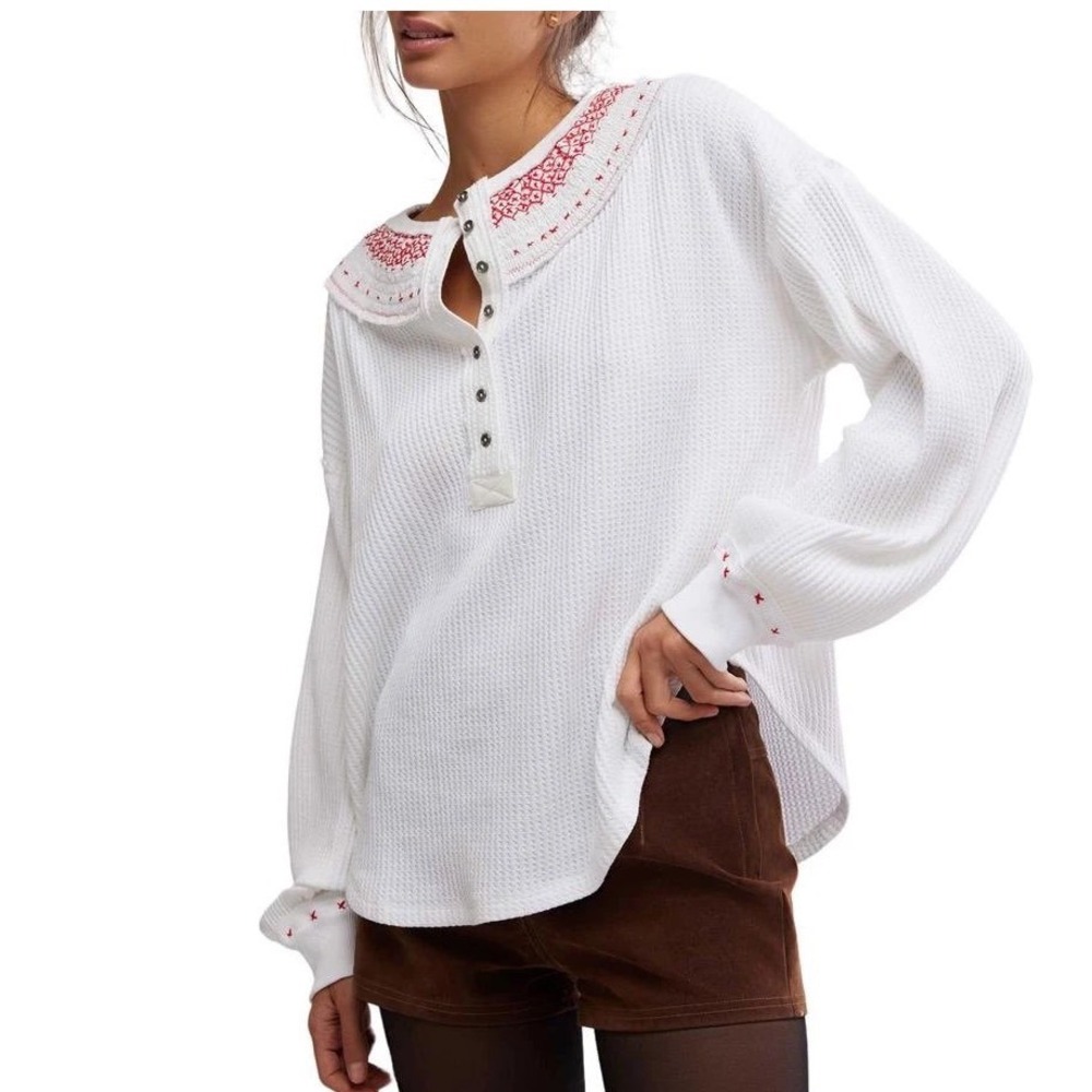 We The Free Free People White Waffle Knit Embroidered Henley Top Shirt XS